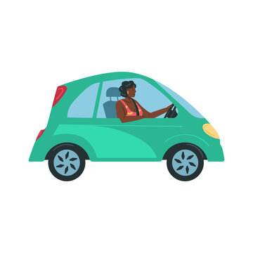 African american woman riding electric car, flat vector illustration isolated.