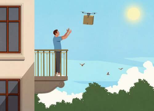 Man receiving drone package on sunny apartment balcony
