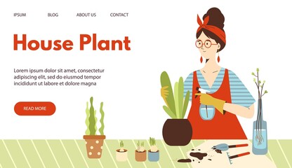 Urban jungle web banner with woman taking care of houseplants, flat vector illustration. Website page interface for houseplanting and home gardening.