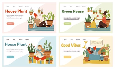 Set of web banners with women at home among house plants. Caring for indoor plants and green lifestyle concept of web pages, flat vector illustration.