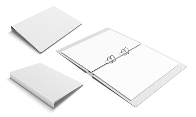 Binder with 4 metal ring clamps. Set of different views of open and closed folder. Vector realistic isolated mockup illustration. - 443563844
