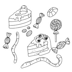 Sweets. A set of items for Halloween. Coloring. Gloomy Doodles. Vector illustration isolated on white background