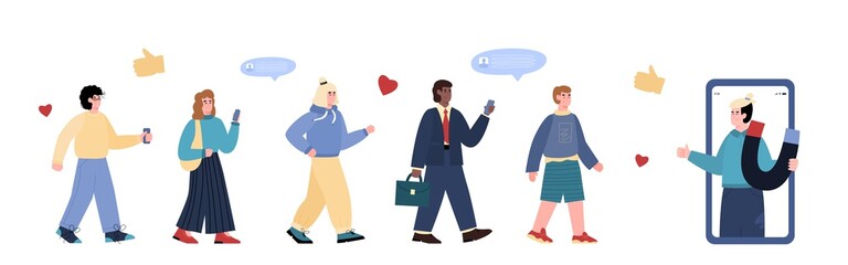 Influencer man on mobile phone screen holding magnet and attraction customers