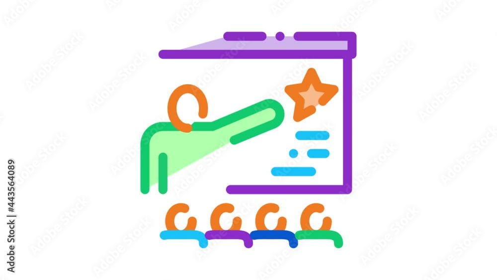 Poster work development training icon animation. color trainer pointing on star on blackboard, training for