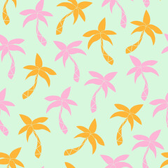 Obraz premium Cartoon palm trees seamless pattern. Abstract tropical print. Modern design for fabric, packaging, stationery, scrapbooking. Vector illustration of exotic palm trees.