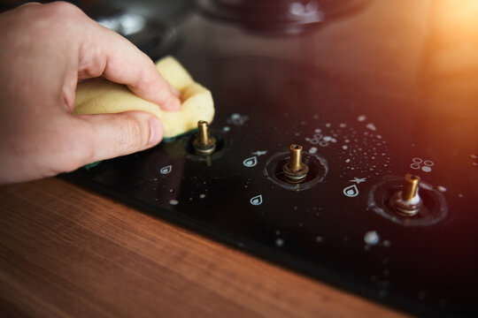 Control panel of gas stove oven. Removed knobs during cleaning. Kitchen equipment during service.