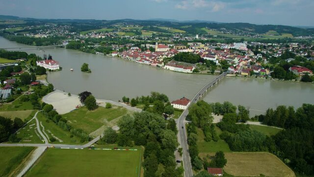 Aerial view around the old town of Schärding in Austria, on a sunny day in spring.