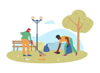 Fotobehang Volunteers or ecologists collecting garbage, flat vector illustration isolated. © Kudryavtsev