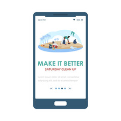 Onboarding page for weekend beach clean up event, flat vector illustration.