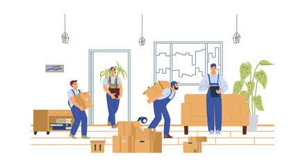 House moving service loaders carry furniture, flat vector illustration isolated.