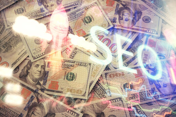 Double exposure of seo drawing over us dollars bill background. Concept of search optimization.