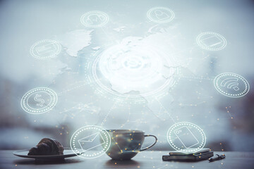 Double exposure of social network theme drawing hologram over coffee cup background in office. Concept people connection.