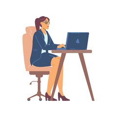 Business woman at table typing on laptop, flat vector illustration isolated.