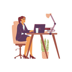 Business woman working in office at laptop, flat vector illustration isolated.