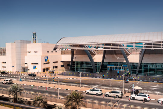 24 February 2021, Dubai, UAE: Entrance to the terminal of modern Dubai DXB Airport. Airline hub concept
