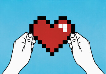 Hands holding pixelated heart
