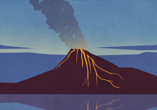 Smoke and lava emitting from erupting volcano
