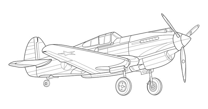 Lineart adult military aircraft coloring page for book and drawing. Airplane. Vector illustration. Vehicle. Graphic element. Plane. Black contour sketch illustrate Isolated on white background.