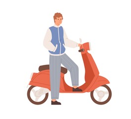 Young man standing by motor scooter. Guy posing near modern moped. Portrait of motorbike driver. Happy bike rider. Flat vector illustration of human and city transport isolated on white background