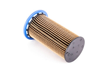 Dirty spent fuel car filter on white background, isolate. Concept of high quality car fuel, fuel cleaning, close-up