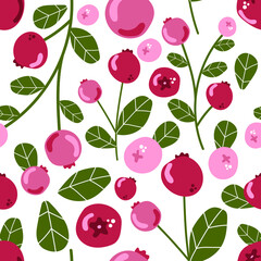 Seamless pattern of cranberry with leaves, wild forest berries. Modern flat illustration.