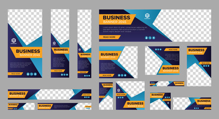 Set of business web banner templates with different standard size. Abstract corporate horizontal, vertical, square ad banner with place for images. Vector EPS