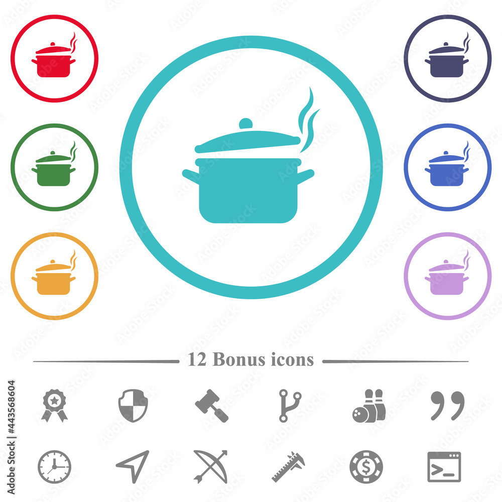 Poster steaming pot with lid flat color icons in circle shape outlines