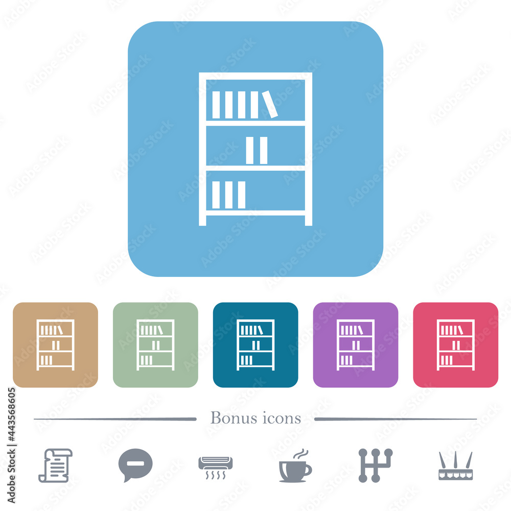 Poster bookshelf with books outline flat icons on color rounded square backgrounds