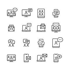 Communication icons. Messenger, group chat and video conference. Pixel perfect, editable stroke