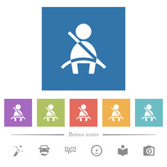 Car seat belt warning indicator flat white icons in square backgrounds