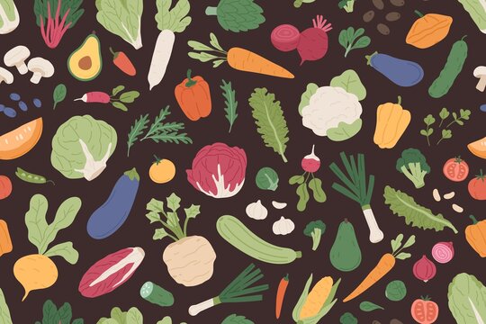 Seamless Grocery Pattern With Healthy Fresh Vegetables And Green Food On Black Background. Design Of Endless Repeatable Texture With Different Veggies For Printing. Colored Flat Vector Illustration