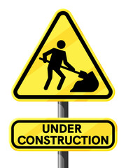 Under Construction Sign with Man Digging Ground. Road Construction Site Sign with Yellow Ribbon. Worker with Shovel. Road and House Building. Cartoon Flat Vector Illustration
