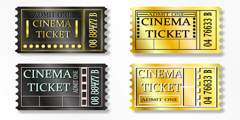Naklejka premium Ticket, coupon template. Movie ticket. Elegant golden tickets for entertainment venues. Cinema ticket