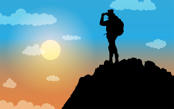 Vector graphic illustration of people taking pictures on top of a mountain, with silhouette concept. Perfect for posters, banners, backgrounds, Mountaineering Day, mountain day.