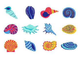 Naklejka premium Sea shells. Cartoon tropical underwater clam and marine animal collection, ocean seafood and aquarium decoration. Vector isolated set