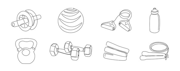 One line fitness gear. Continuous line sport inventory, dumbbells, jump rope, kettlebell, fitball. Vector monoline sport set