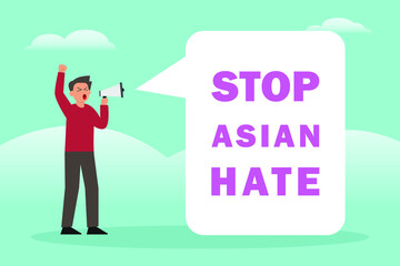 Stop asian hate vector concept: Young man shouting stop asian hate while using megaphone 