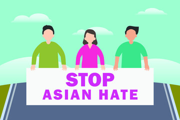 Stop asian hate vector concept: Group of demonstrators show stop asia hate text on the poster together 
