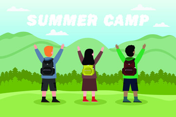 Summer camp vector concept: Group of students hiking together in the mountain while standing with summer camp text 