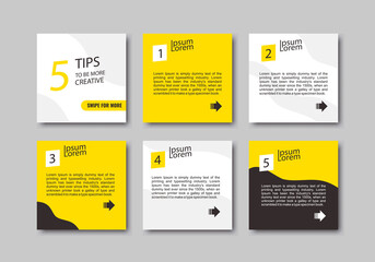 Set of 6 square banners with sample text. Yellow, white and black colors for social media post grid templates. Heading, post and quote frames. Feed layout. Presentation, brochure, card design.