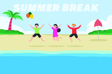 Summer break vector concept: Group of teenagers jumping together on the beach while enjoying summer holiday 