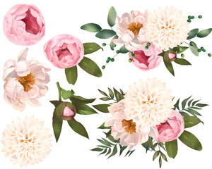 薔薇とダリアと牡丹の花とリーフの植物イラスト素材 
