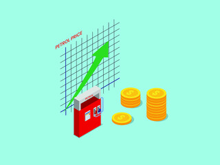 Petrol Price isometric vector concept. Gasoline dispenser with money coins and rising price graph