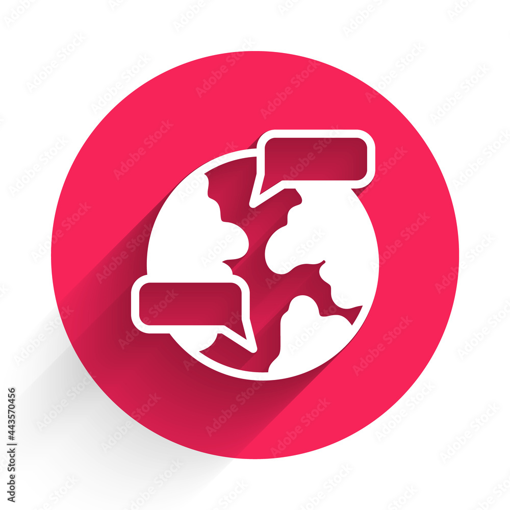 Poster white worldwide icon isolated with long shadow. pin on globe. red circle button. vector