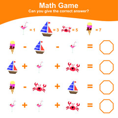 Fototapeta na wymiar Summer Math Game for Preschool. Educational printable math worksheet. Additional math for kids. Vector illustration. This worksheet is suitable for educating preschool kids on how to count well.