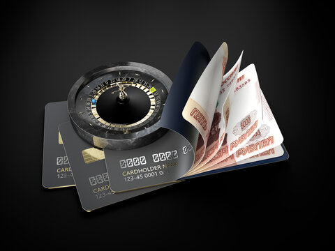 3d Rendering of Credit card with Russian Banknotes and roulette, online casino concept, clipping path included.