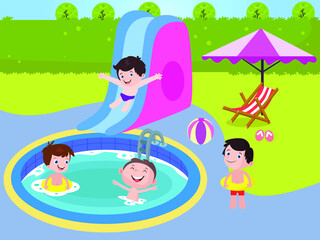 Obraz na płótnie Canvas Joyful kids cartoon character enjoying summer holiday by playing on the swimming pool and slide at the backyard