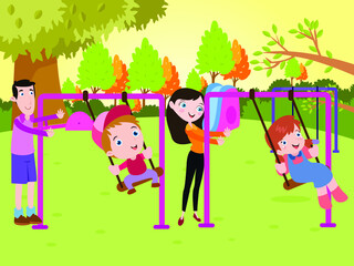 Cheerful parents pushing their children on the swing at the park