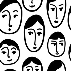 Seamless abstract pattern with women's faces on a white background. Background with people's heads drawn with a line. Illustration for textiles, wallpaper, wrapping paper. Vector