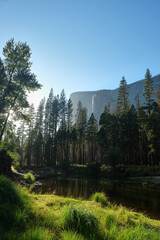 yosemite valley at sunset with El Capitan looming in the background